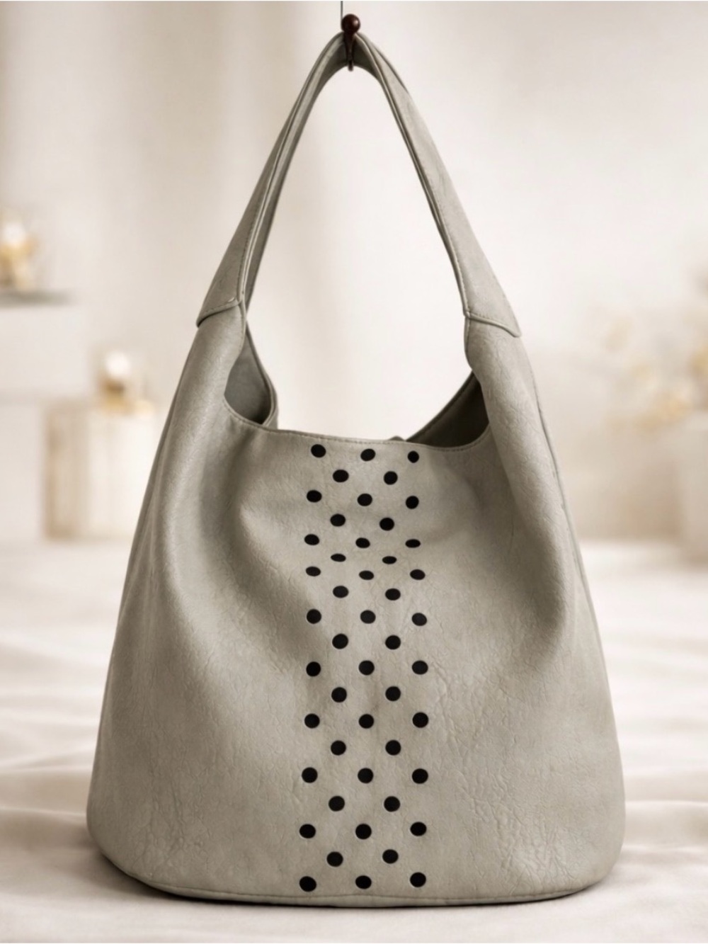 Poverty Flats by Rian Taupe Perforated Hobo Bag Slouch Shoulder Handbag 15”